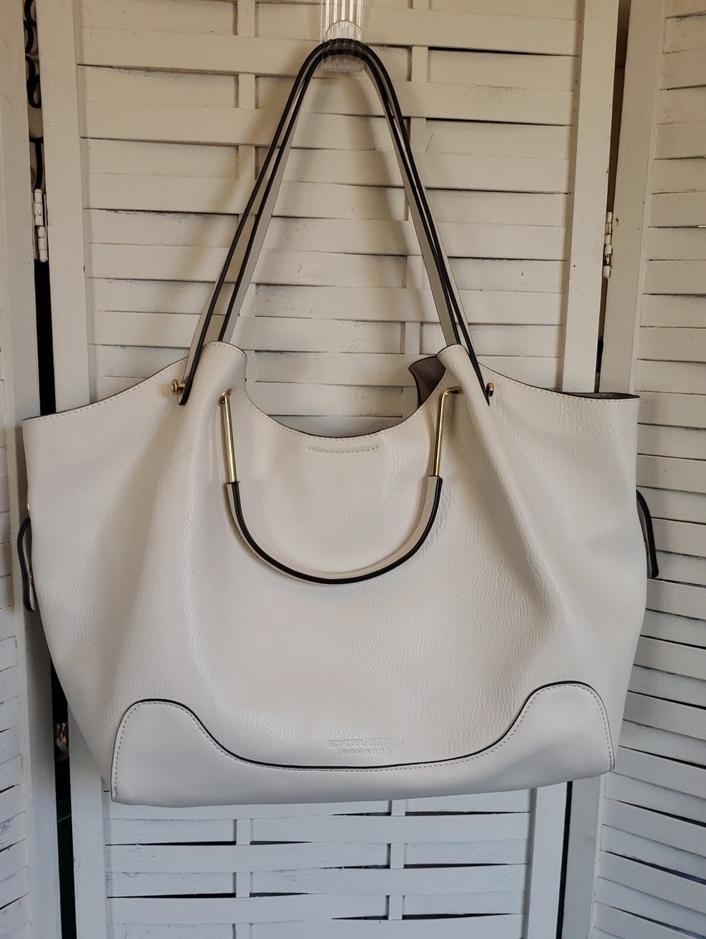 Sondra Roberts Squeared Sondra White Leather Tote Bag with Gold Accents